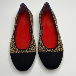 Rothy’s The Square Ballet Flat Little Cat Leopard Print Black Cap Toe 8.5